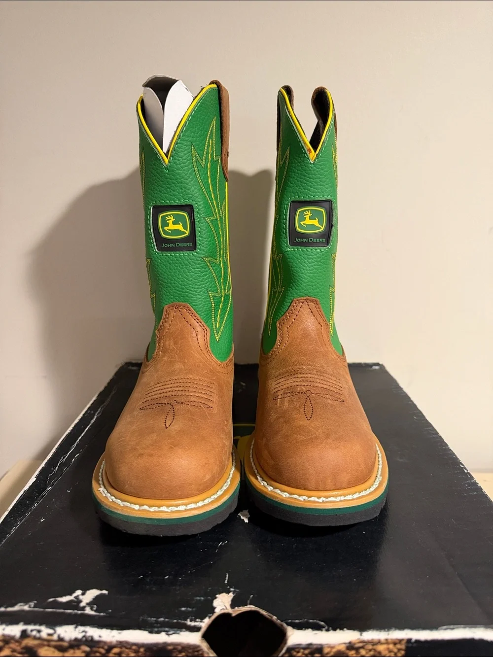 John Deere Green and Brown Kids Pull-On Western Boots with Yellow Trim